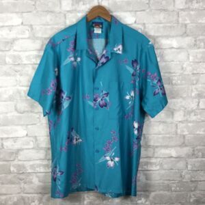 Vintage Hawaii Blues Shirt Cotton Large USA Made 80's Hawaiian Teal Blue Flowers